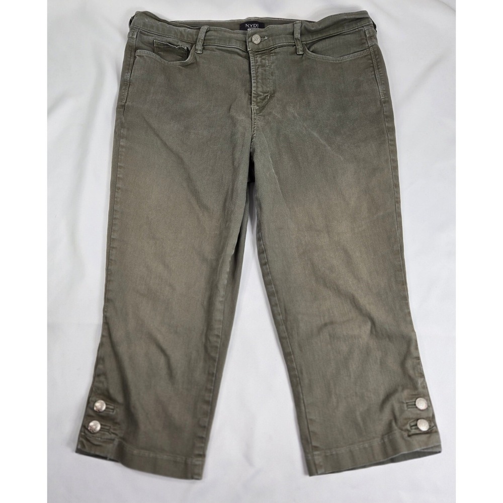 NYDJ Marilyn Crop Olive Green Lift Tuck Capri Button Hem Size 14 Costal Cool
